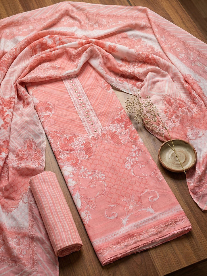 Embellished Cotton Blend Unstitched Suit With Pant &amp; Dupatta