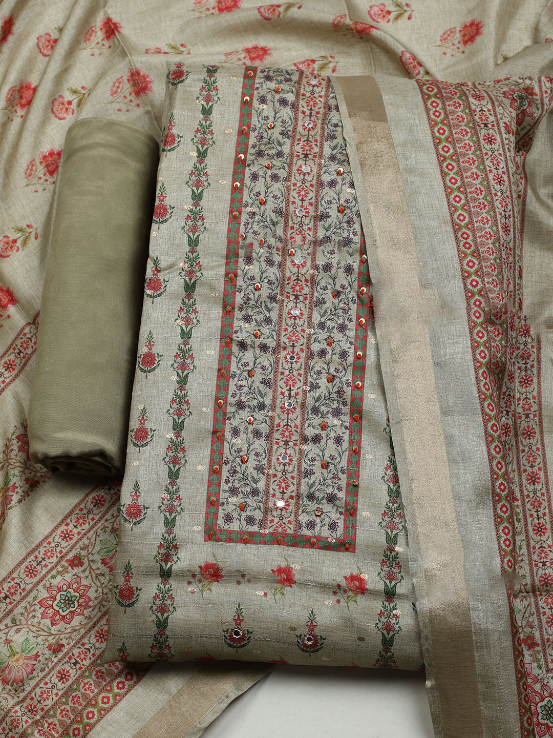 Embroidered Tussar Unstitched Suit With Dupatta