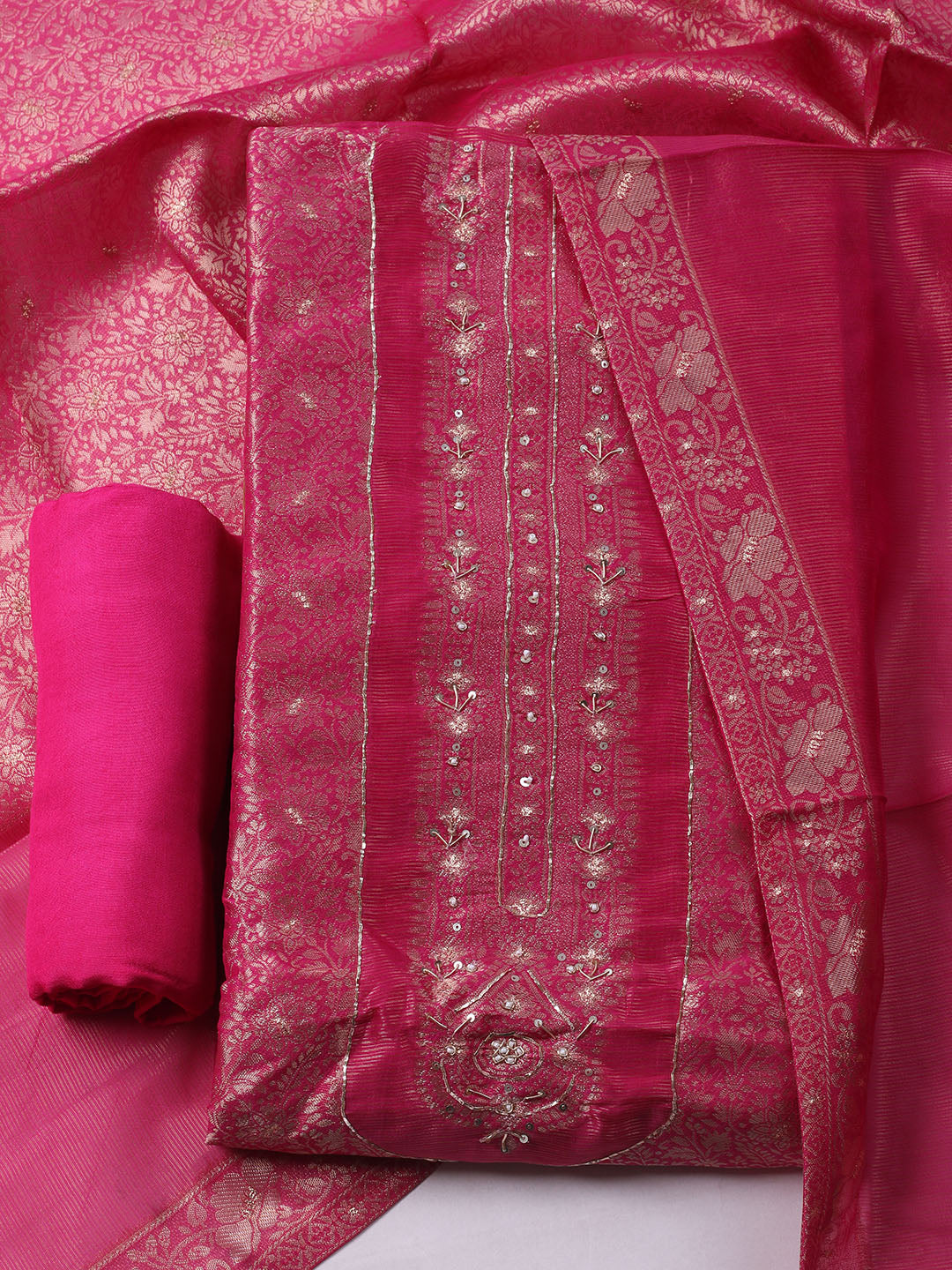 Woven Design Chanderi Unstitched Suit With Pant &amp; Dupatta