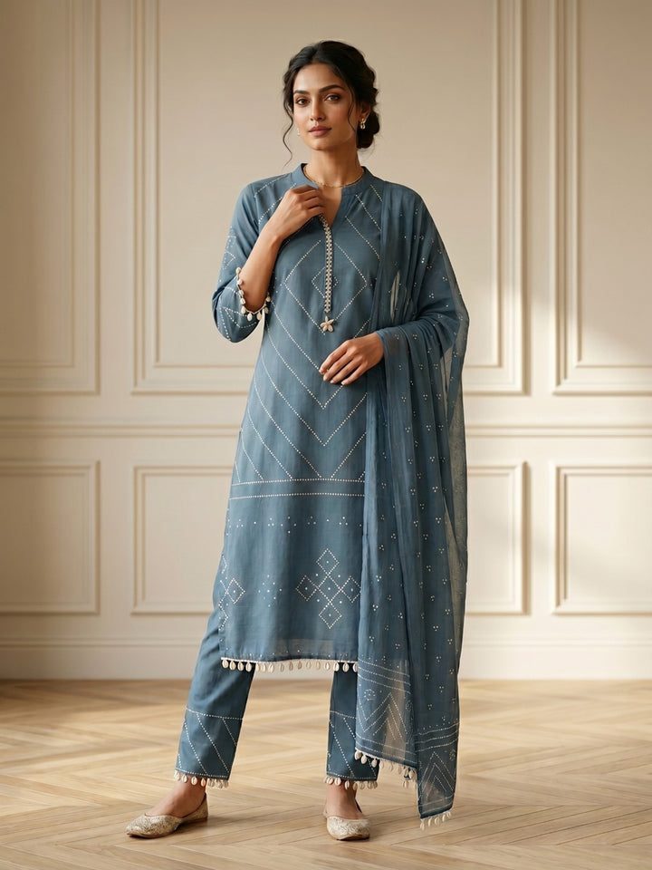 Blue Embroidered Cotton Blend Straight V Neck Suit Set