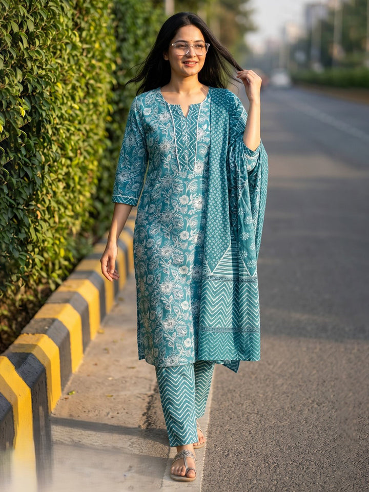 Sky Blue Printed Cotton Blend Straight V Neck Suit Set
