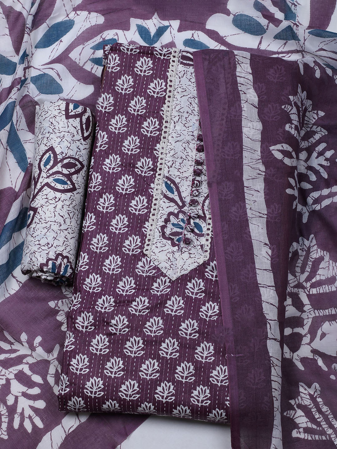Printed Cotton Blend Unstitched Suit With Dupatta