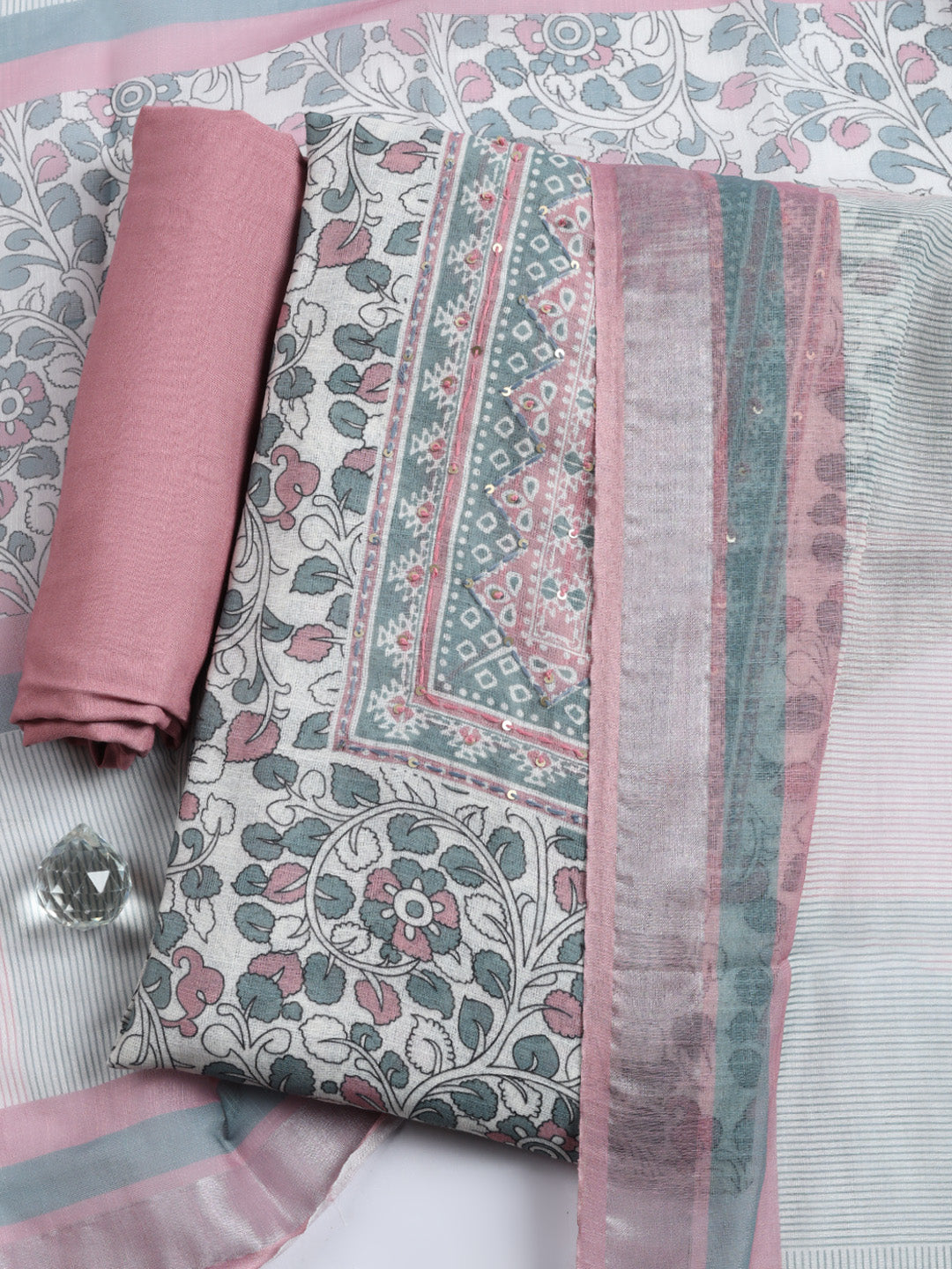 Printed Linen Blend Unstitched Suit With Pant &amp; Dupatta