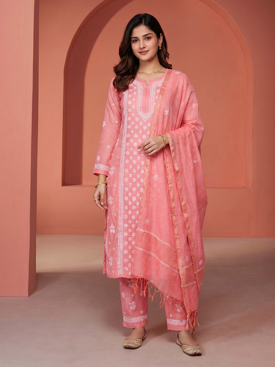 Embroidered Chanderi Suit Set With Dupatta