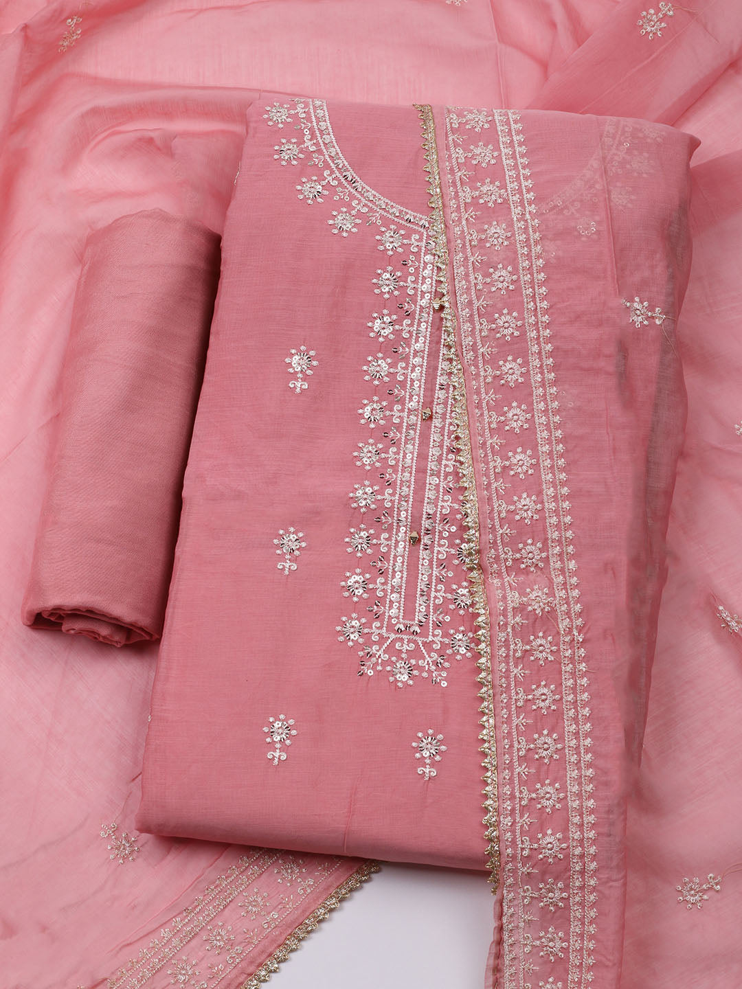 Embroidered Muslin Unstitched Kurta With Pant & Dupatta