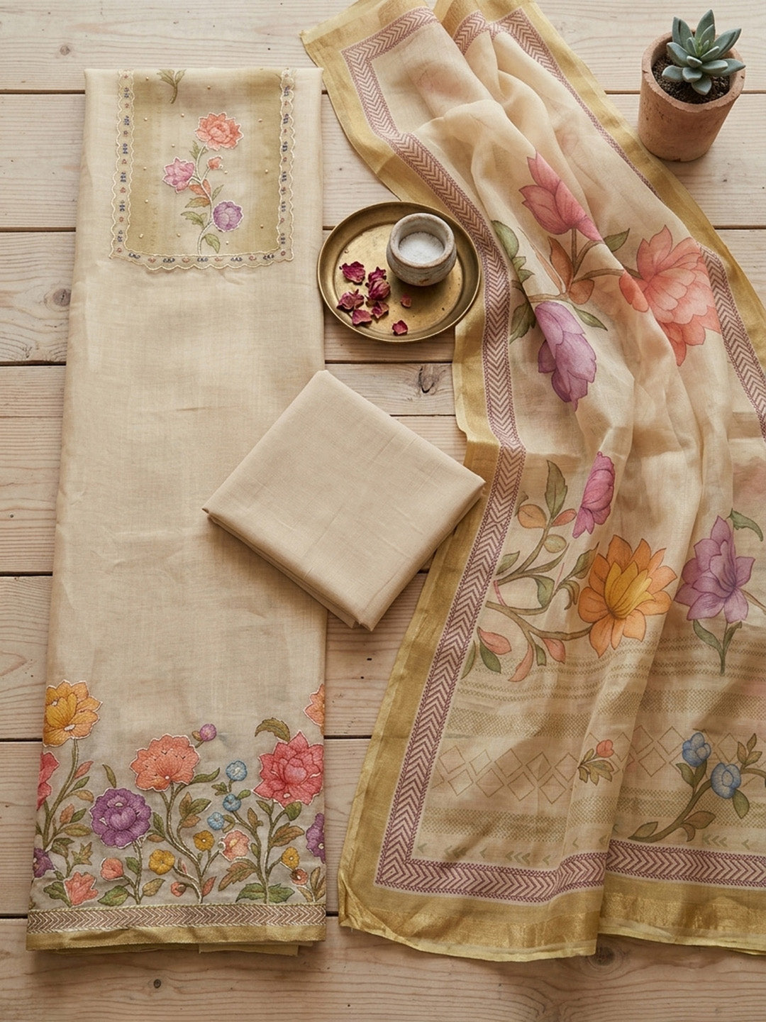 Embroidered Linen Blend Unstitched Suit With Pant &amp; Dupatta