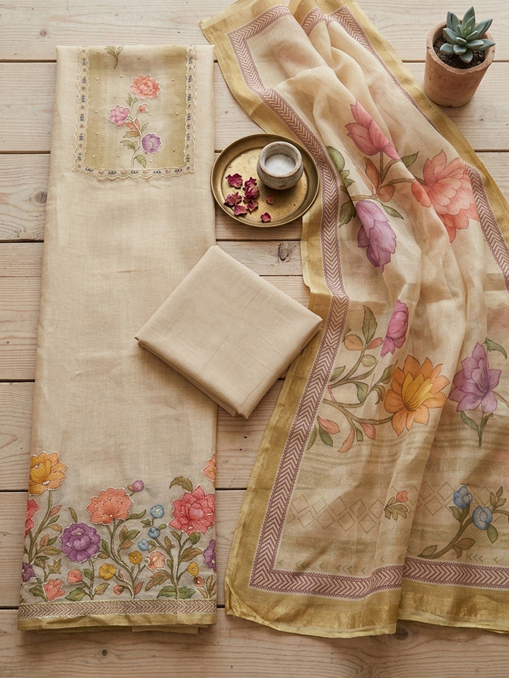 Embroidered Linen Blend Unstitched Suit With Pant &amp; Dupatta