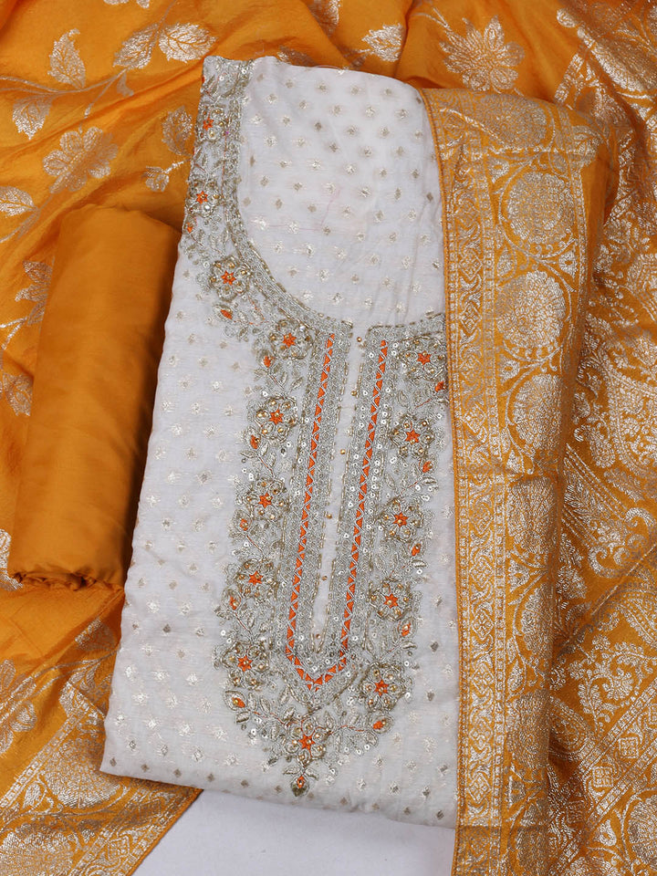Embroidered Chanderi Unstitched Suit With Pant &amp; Dupatta