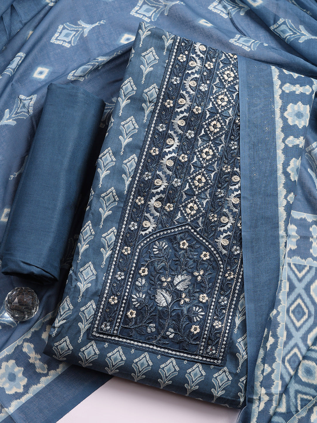 Printed Cotton Blend Unstitched Suit With Pant &amp; Dupatta