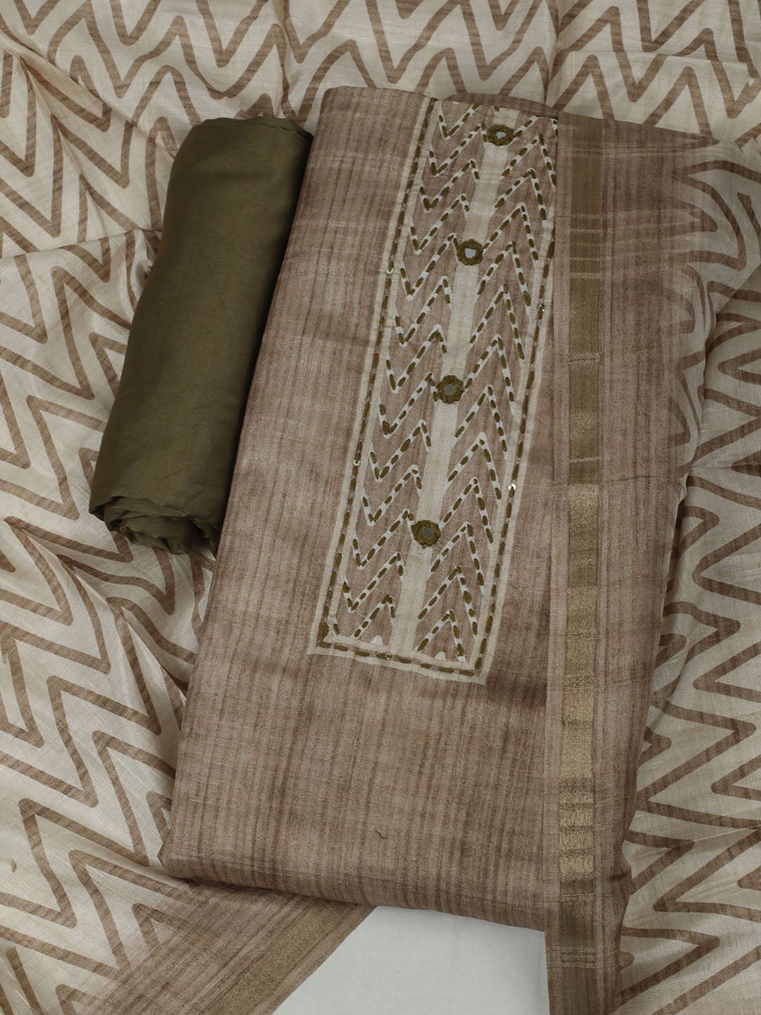 Embroidered Chanderi Unstitched Kurta With Pant &amp; Dupatta