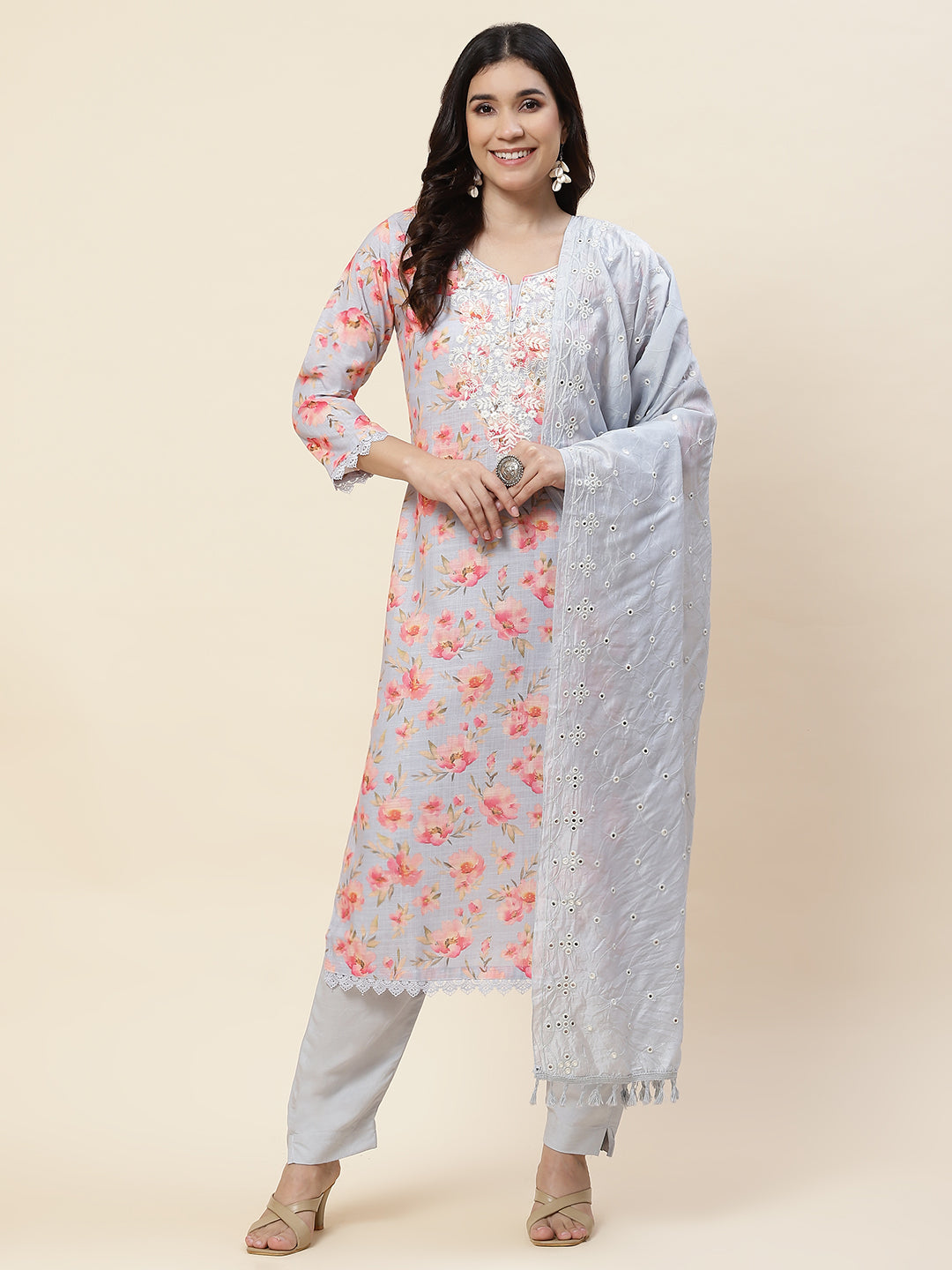Floral Printed Cotton Kurta With Pants With Dupatta