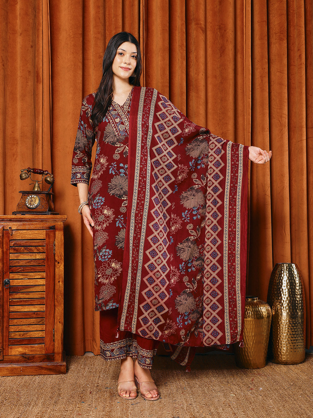 Printed Cotton Blend Kurta With Pants & Dupatta