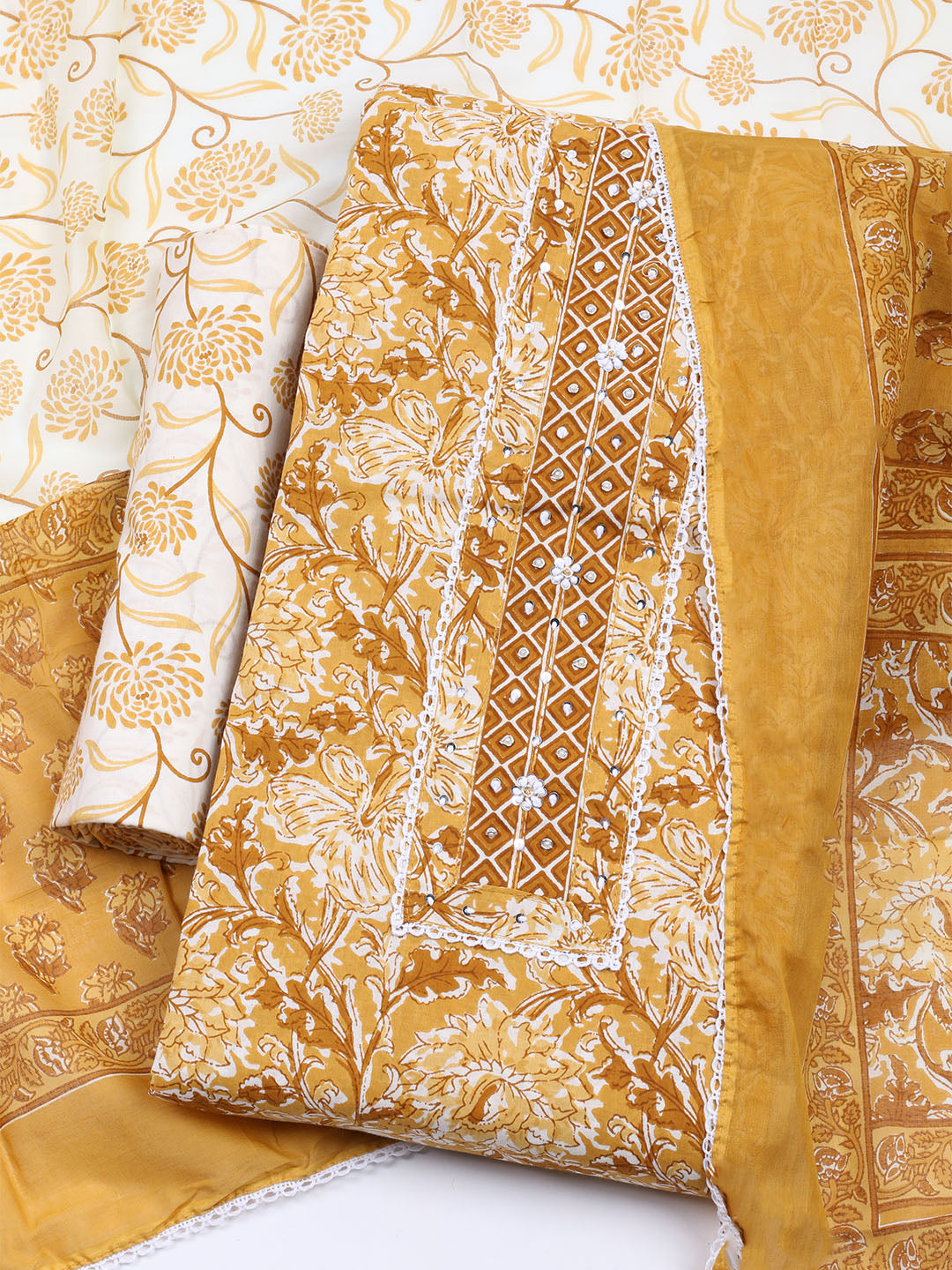 Printed Cotton Blend Unstitched Suit With Dupatta