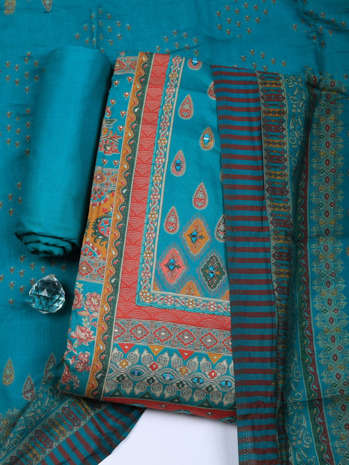 Printed Cotton Blend Unstitched Suit With Pant &amp; Dupatta
