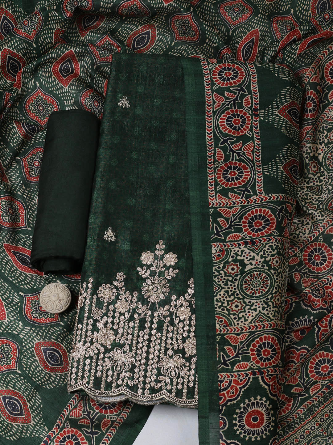 Embroidered Tussar Unstitched Suit With Pant &amp; Dupatta
