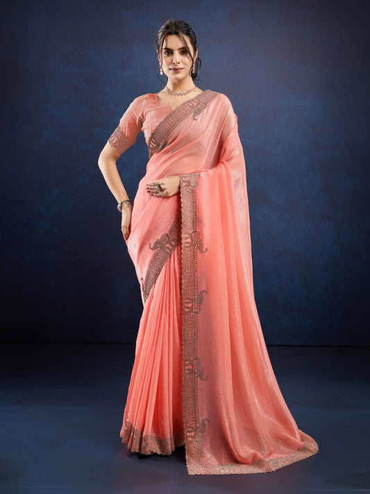 Stone Embroidery Chinon Saree