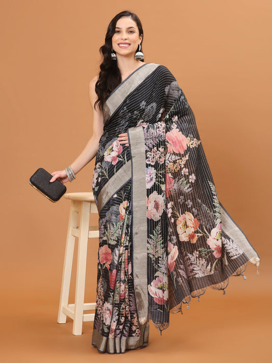 Digital Floral Printed Tussar Saree