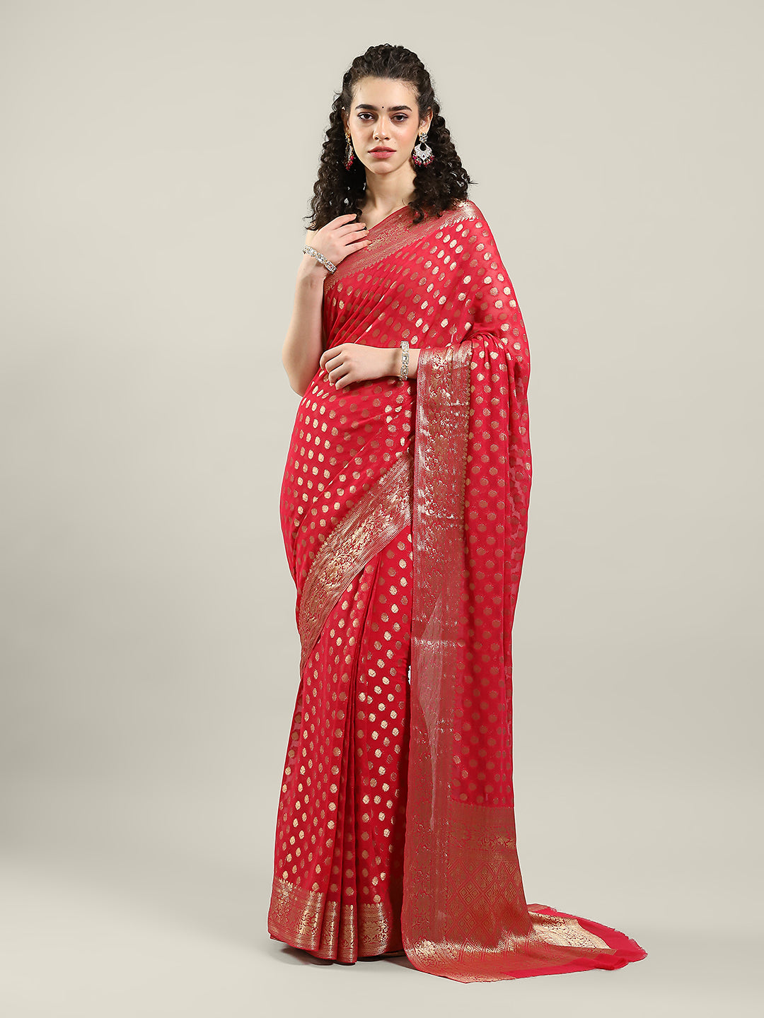 Zari Border Booti Chiffon Woven Saree