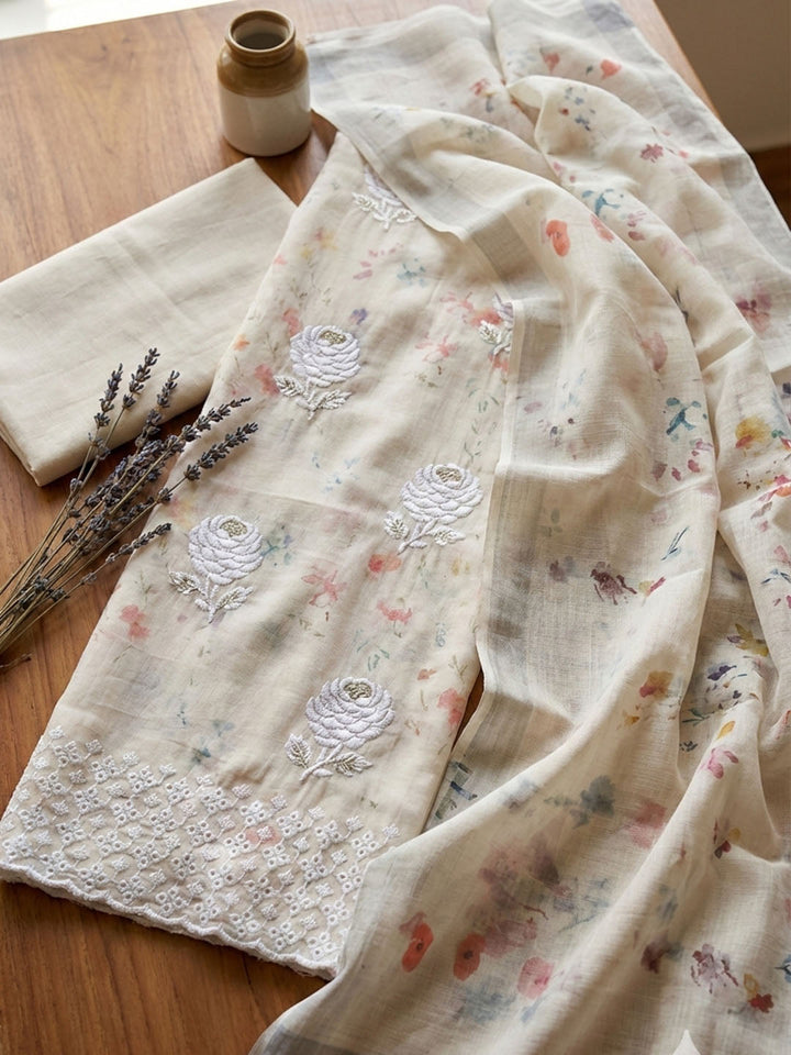 Embroidered Cotton Blend Unstitched Suit With Pant &amp; Dupatta