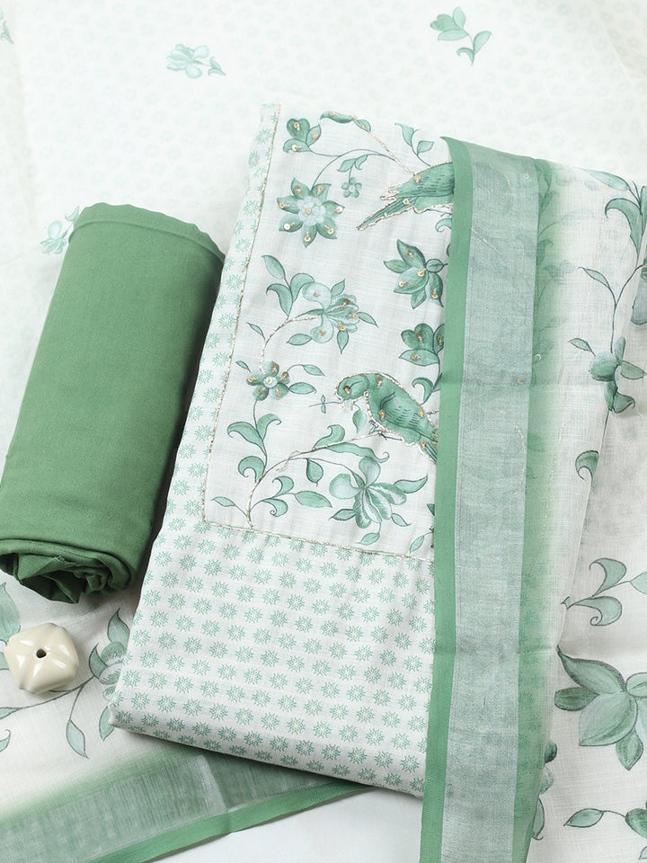 Printed Linen Blend Unstitched Suit With Pant &amp; Dupatta