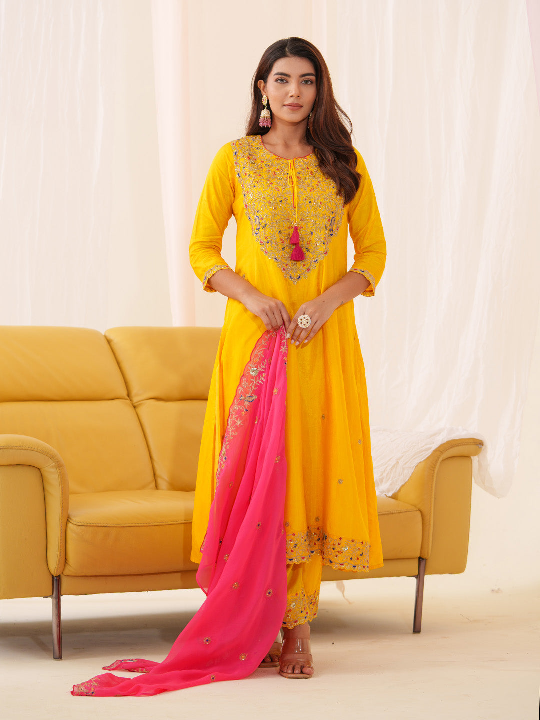 Neck Embroidered Art Silk Kurta With Pants &amp; Dupatta