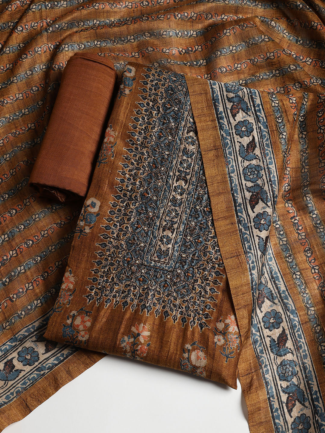 Printed Tussar Unstitched Suit With Dupatta