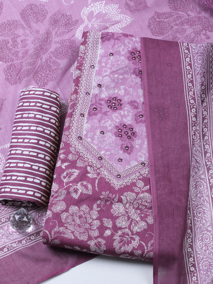 Printed Cotton Blend Unstitched Suit With Pant &amp; Dupatta