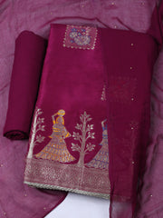 Woven Design Chanderi Wine Unstitched Suit With Pant & Dupatta