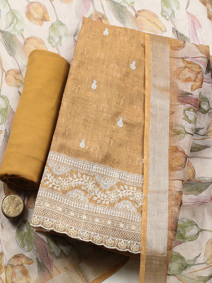 Embroidered Linen Blend Unstitched Suit With Pant &amp; Dupatta