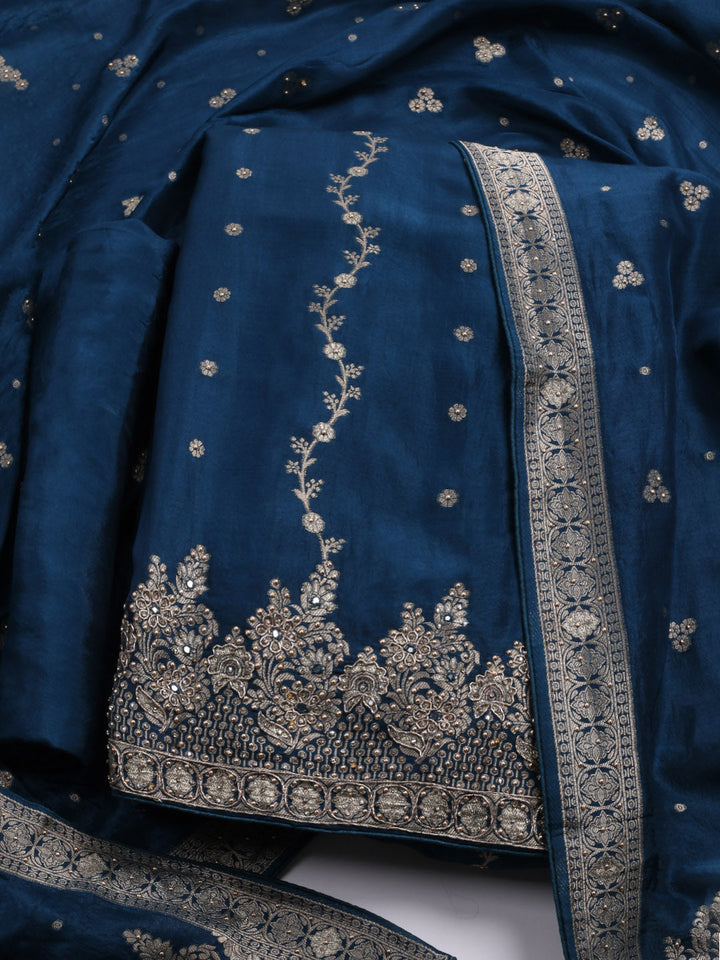 Embroidered Art Silk Unstitched Suit With Dupatta
