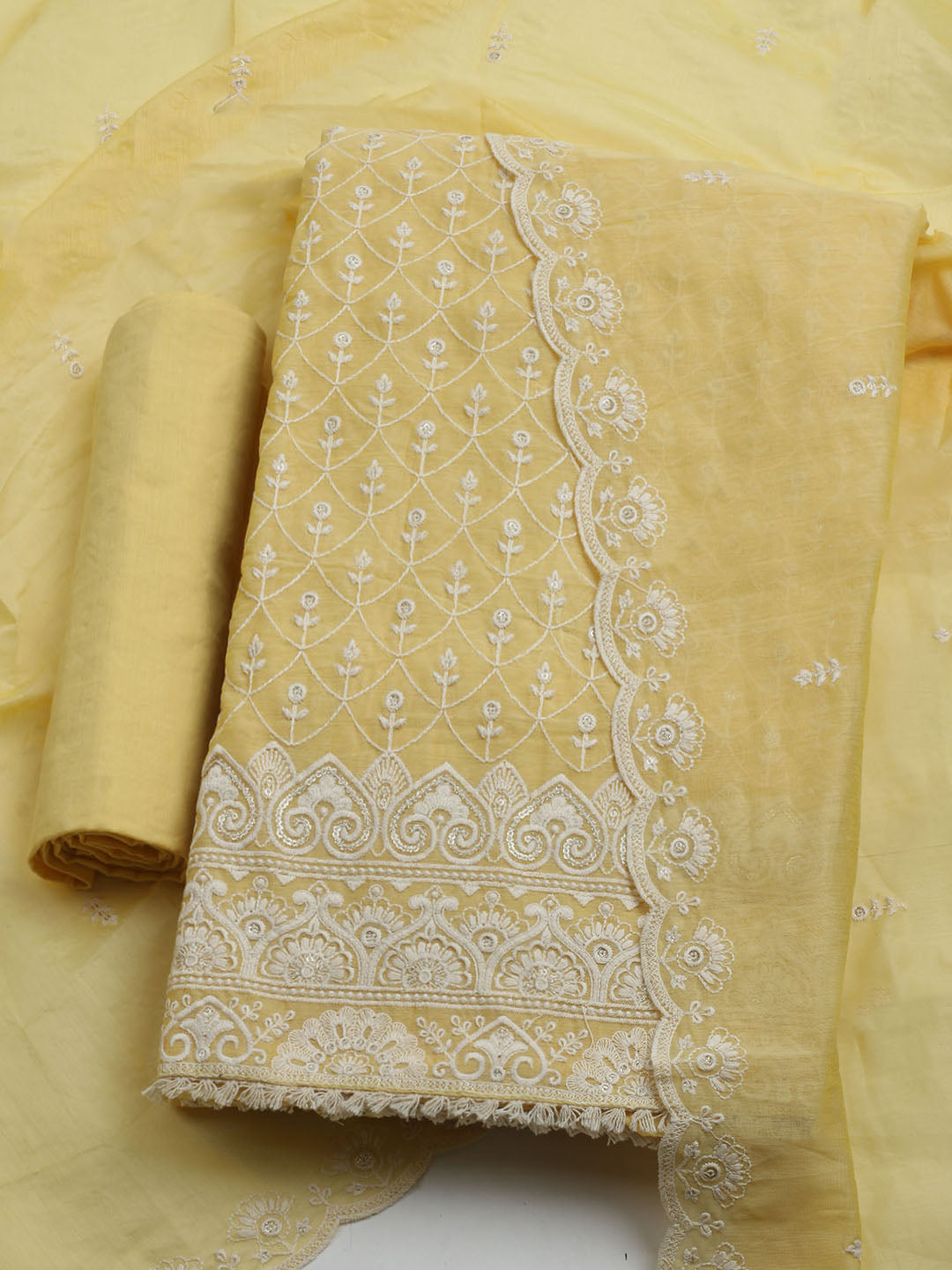 Embroidered Chanderi Unstitched Kurta With Pant &amp; Dupatta