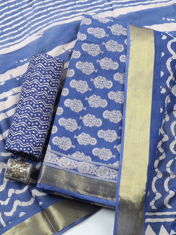 Printed Cotton Blend Unstitched Suit With Pant &amp; Dupatta