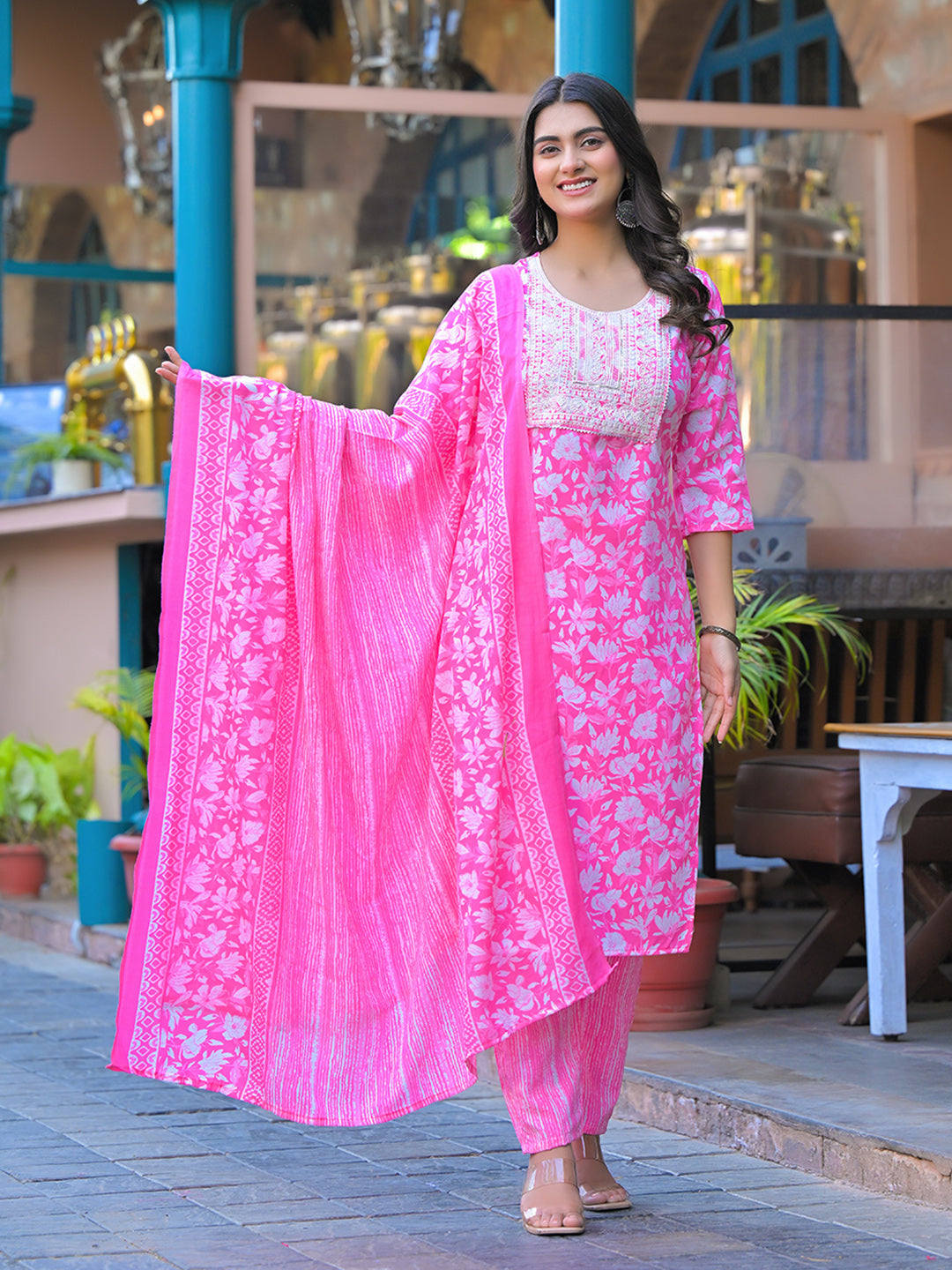 Floral Printed Cotton Kurta With Pants &amp; Dupatta