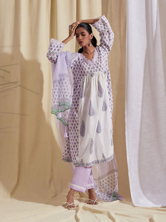 Kota Printed Cotton Kurta With Pants & Dupatta