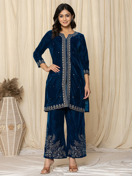 Zari Neck Embroidered Velvet Kurta With Pants