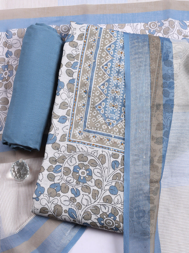 Printed Linen Blend Unstitched Suit With Pant &amp; Dupatta