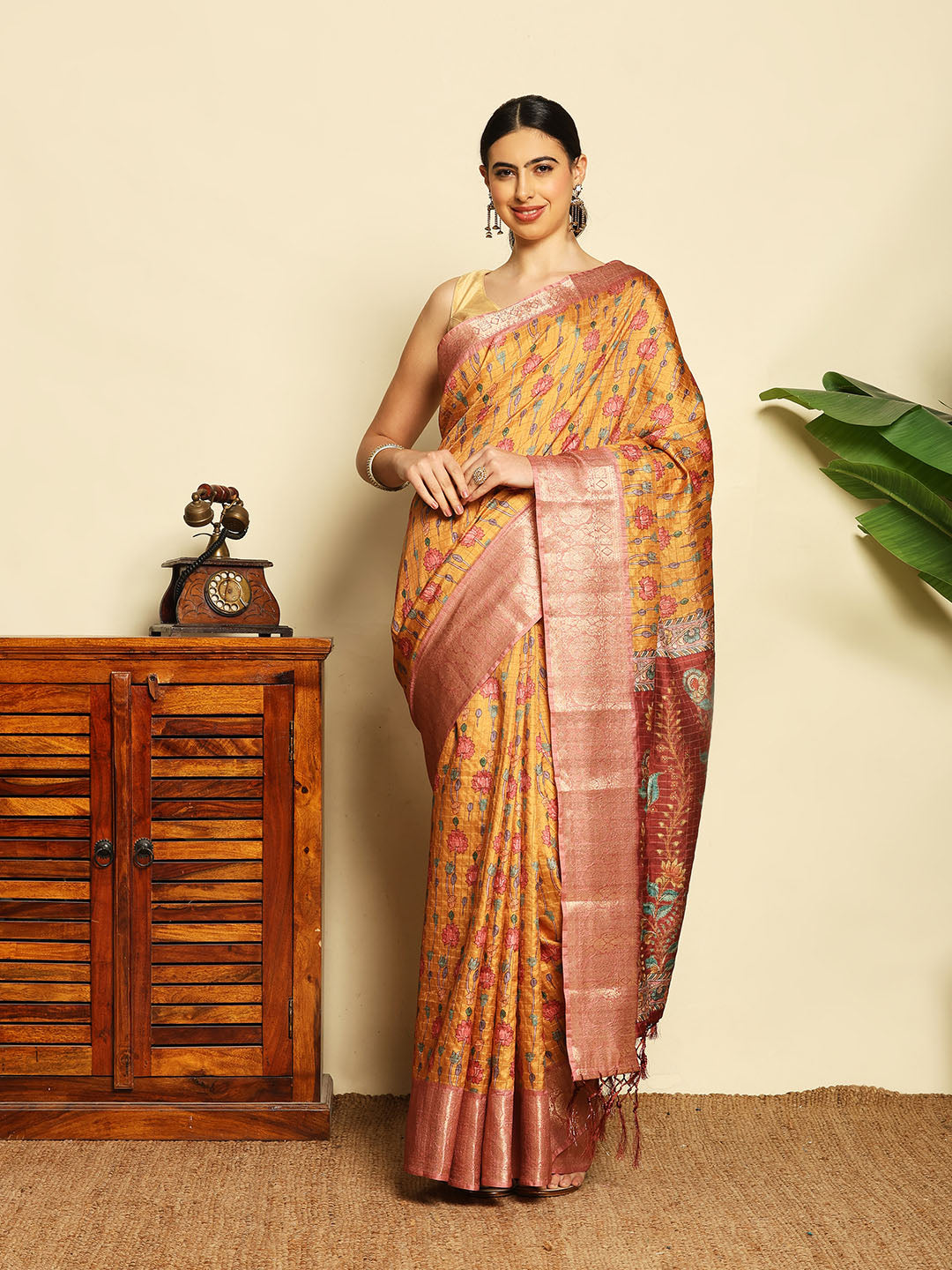 Digital Floral Printed Tussar Saree