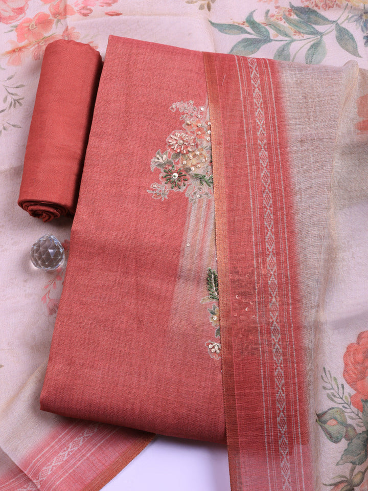 Printed Linen Blend Unstitched Suit With Pant &amp; Dupatta