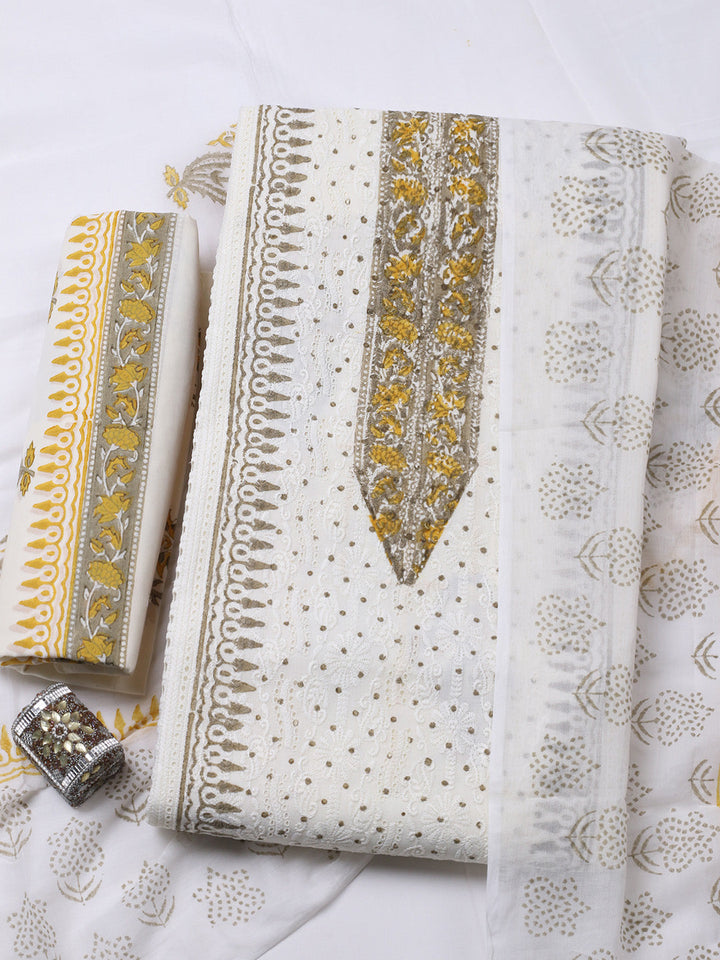 Printed Cotton Blend Unstitched Suit With Pant &amp; Dupatta