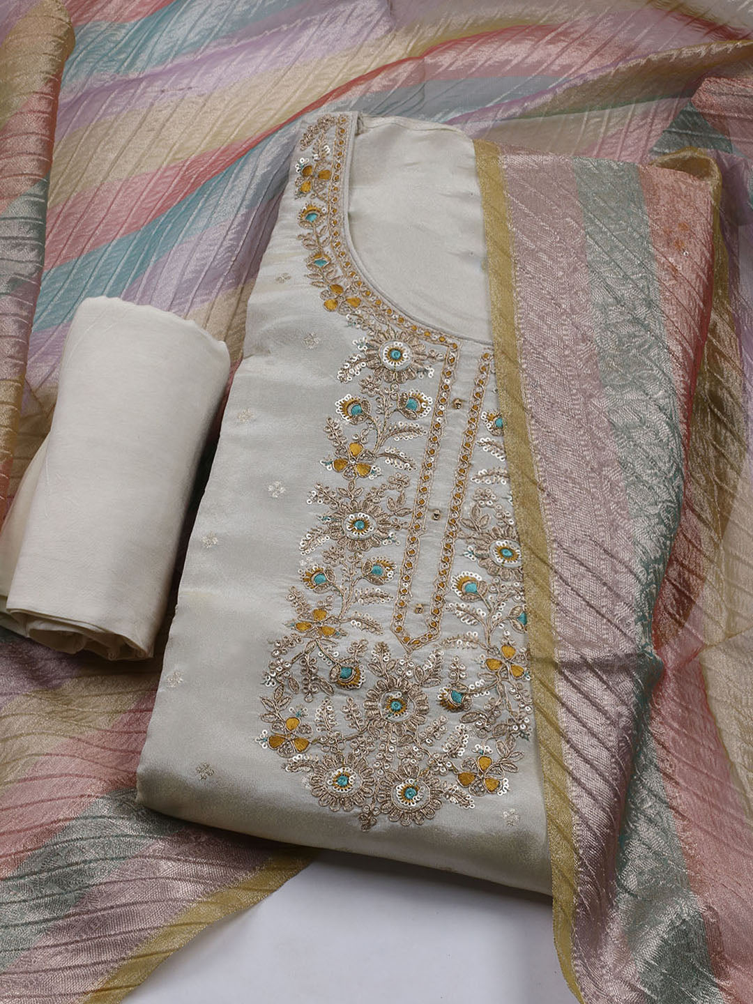 Neck Embroidered Chanderi Unstitched Suit With Dupatta