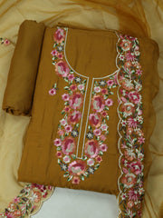 Embroidered Chanderi Mustard Unstitched Suit With Pant & Dupatta