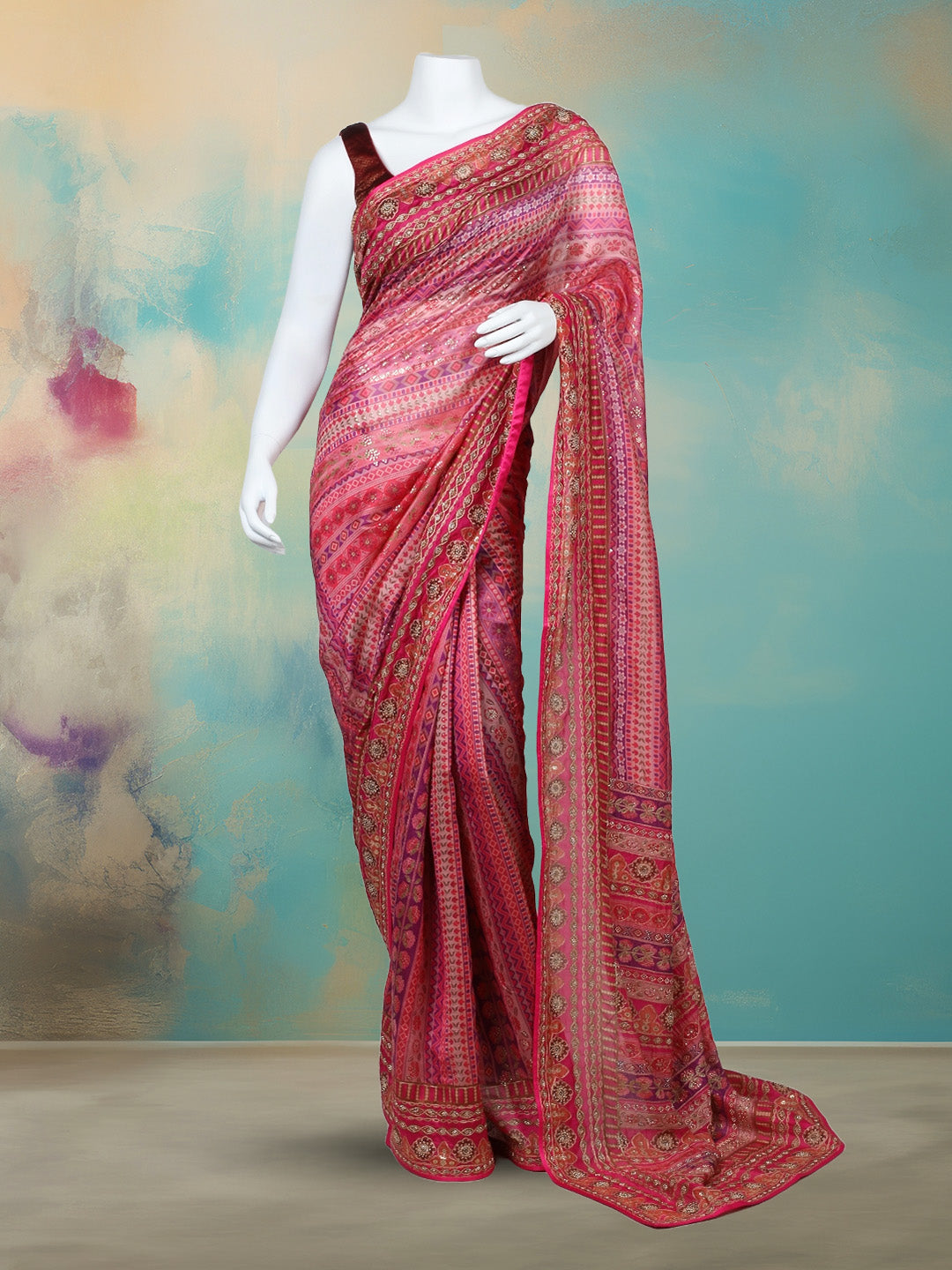 Printed &amp; Embellished Organza Saree