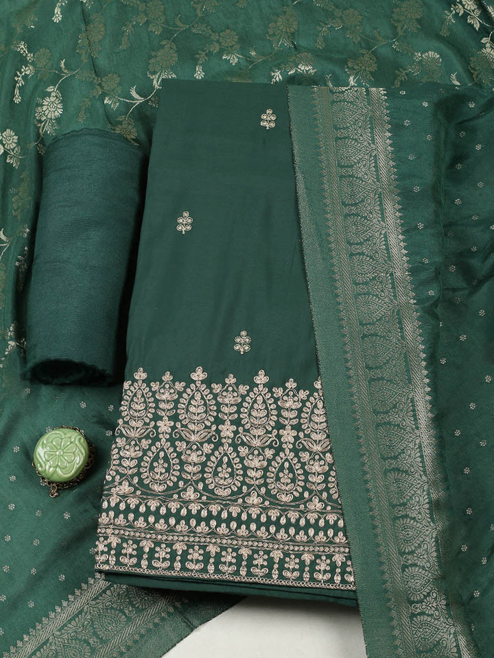 Embroidered Chanderi Unstitched Suit With Pant &amp; Dupatta