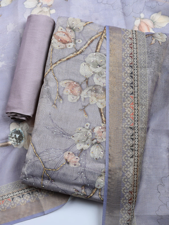 Printed Linen Blend Unstitched Suit With Pant &amp; Dupatta