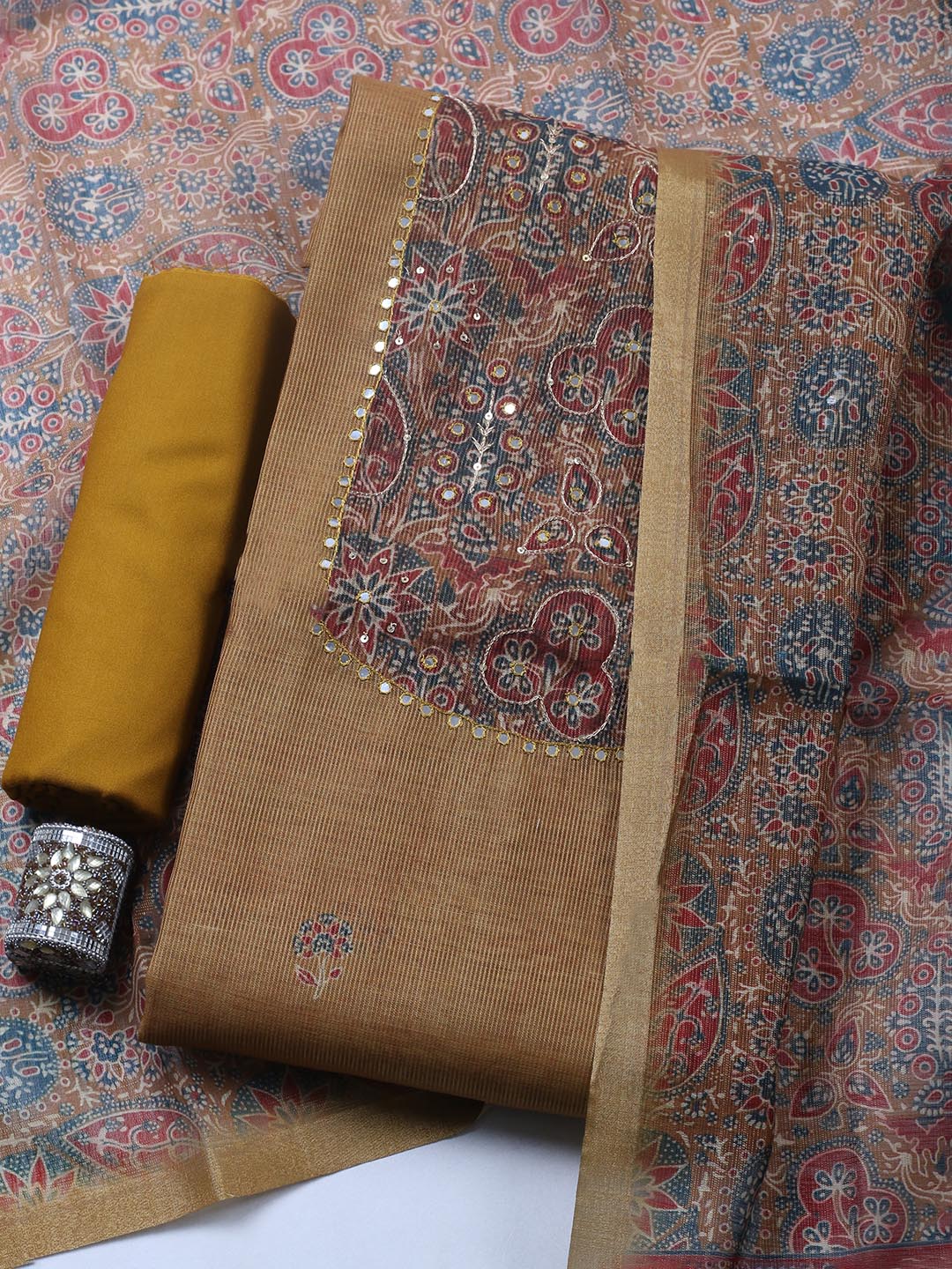 Embroidered Chanderi Unstitched Suit With Pant &amp; Dupatta