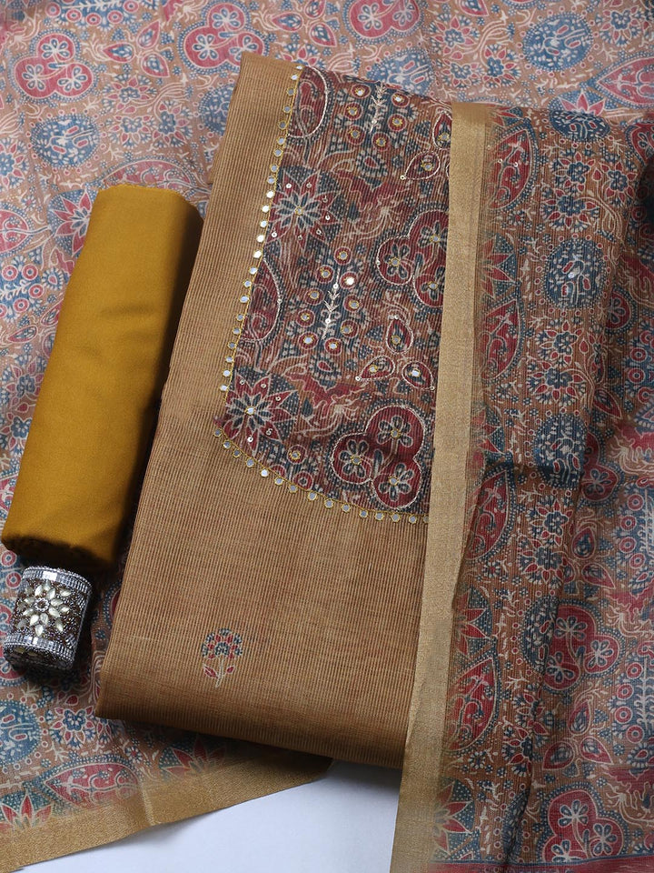 Embroidered Chanderi Unstitched Suit With Pant &amp; Dupatta