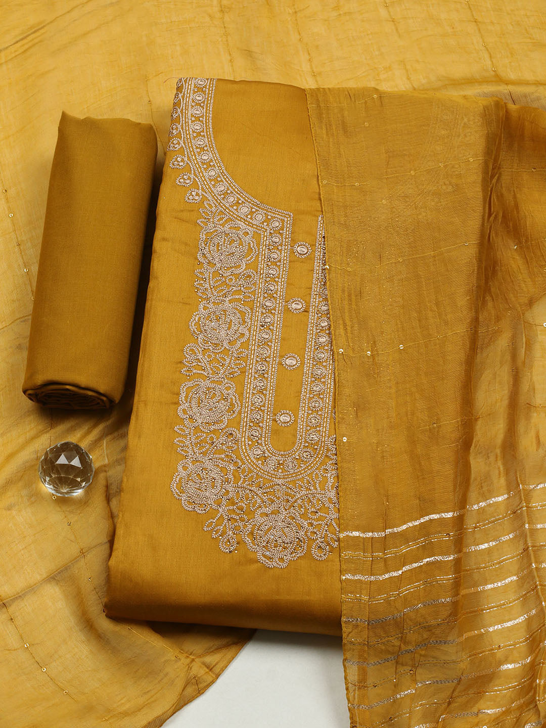 Embroidered Chanderi Unstitched Suit With Pant &amp; Dupatta