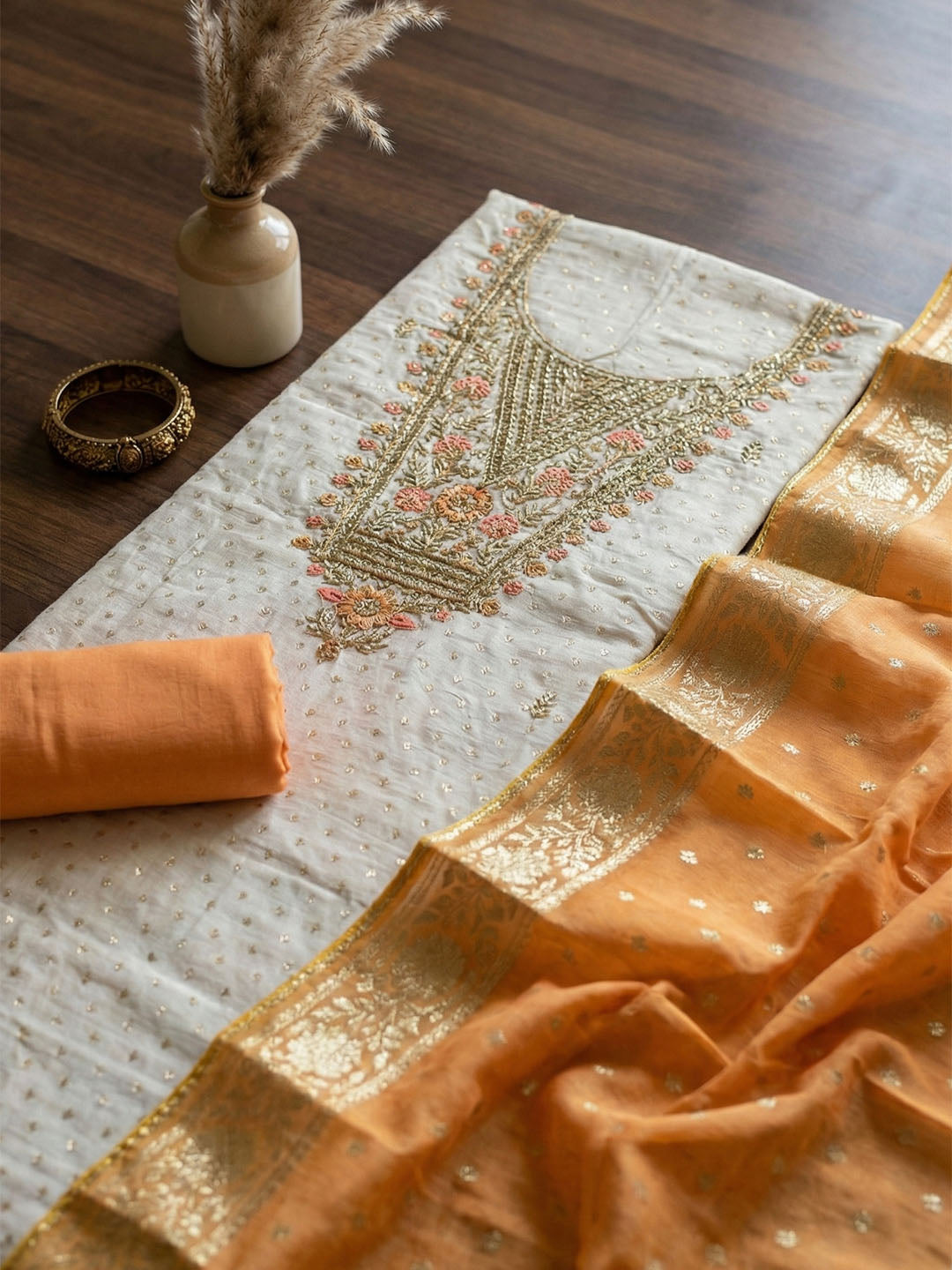Embroidered Chanderi Unstitched Suit With Pant &amp; Dupatta