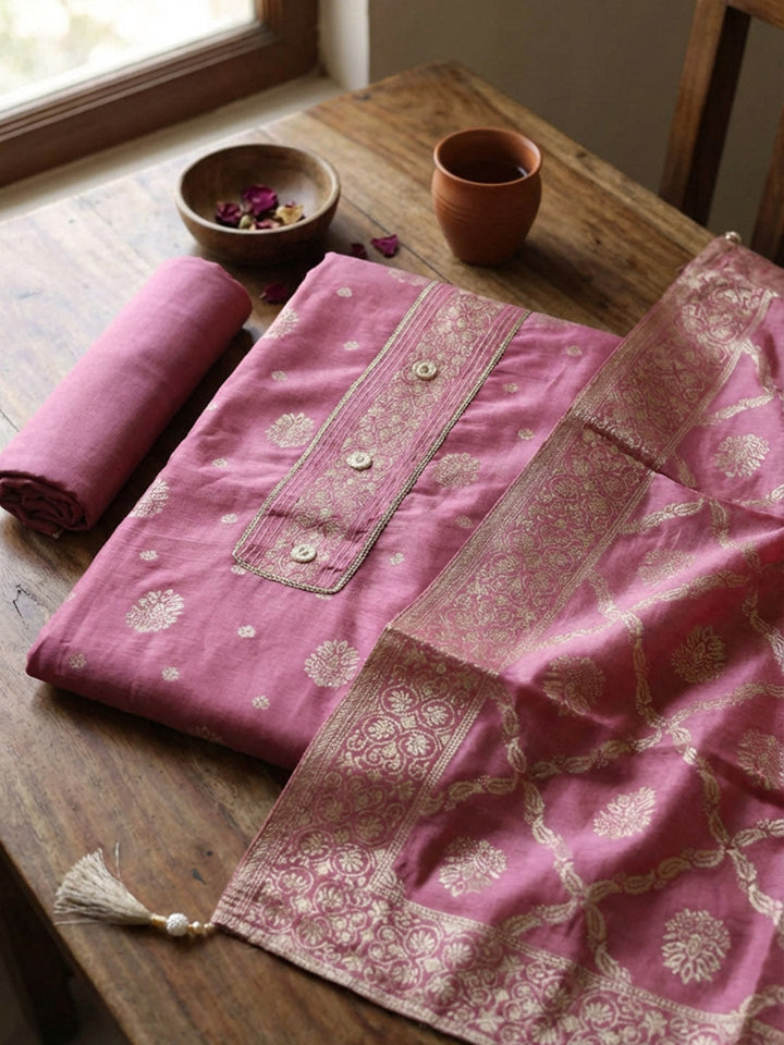 Embroidered Chanderi Unstitched Suit With Pant &amp; Dupatta