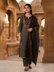 Embroidered Cotton Blend Kurta With Pant & Dupatta